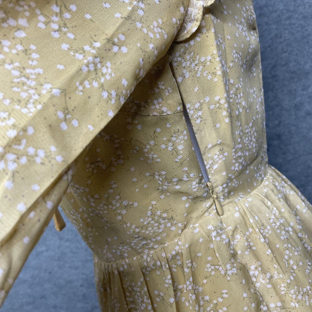 Lulus Yellow Floral Cutout Mini Dress Sz M Velvet Trim Long Slv Whimsy Romantic - Picture 6 of 13
